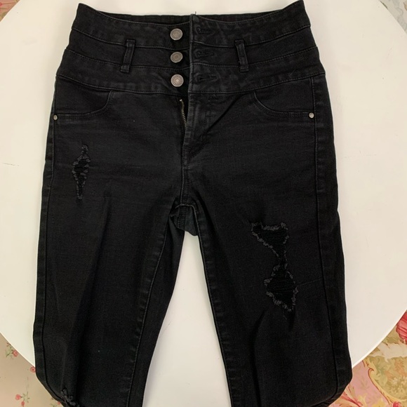 Charlotte Russe 0 black refuge high waisted jeans. Holes. Distressed ripper Jean - Picture 4 of 6